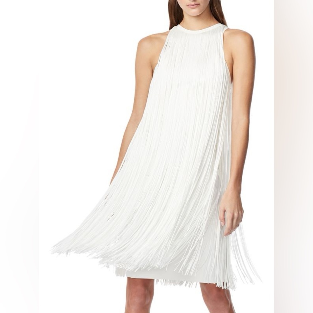 HERVÉ LÉGER WHITE RACER BACK FRINGE MINI DRESS